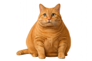 Adorably fat ginger cat sitting with curious expression isolated on a transparent background. PNG file.