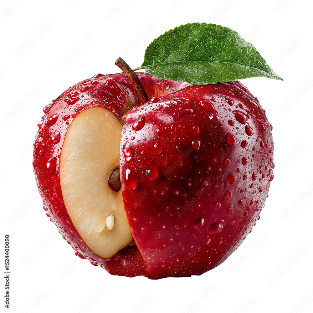 Poster fresh red apple with slice and water droplets studio quality fruit isolated on transparent backgroun