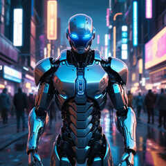 Ultra-detailed futuristic humanoid robot standing in the middle of a neon-lit cyberpunk city at night, reflective chrome armor, glowing blue eyes, sleek aerodynamic design, advanced AI interface visib