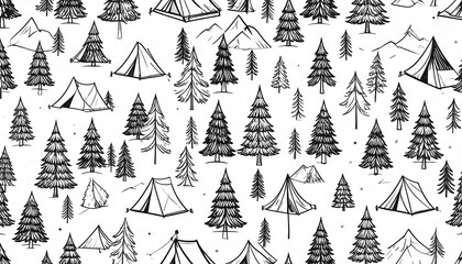 Repeating pattern of hand-drawn tents, evergreen trees, and mountain peaks on a white background.  The sketch-style illustration evokes a sense of wilderness camping
