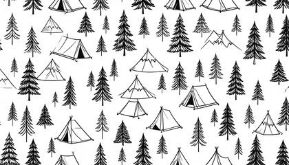 A repeating pattern featuring hand-drawn evergreens, mountains, and various camping tents on a white background. Simple line art style