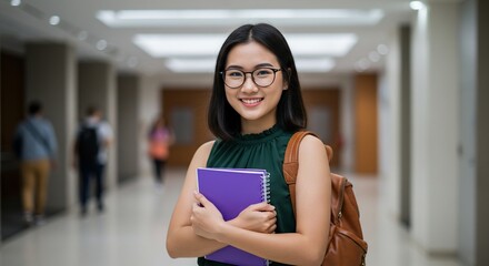 Smiling student with backpack and books, in school corridor, for educational material