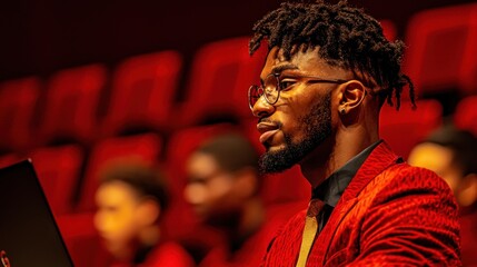 Focused performer immersed in a red ambiance at an event audience setting