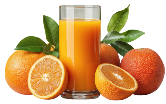 Glass of fresh orange juice with whole and halved oranges beside it, featuring realistic textures and vibrant colors on a plain white background. Perfect for food, health, and product visuals. PNG and