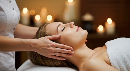 Woman receiving facial massage in spa with candles background, skin treatment