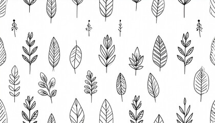 A repeating pattern of hand-drawn, simple black line art depicting various leaves and small floral elements on a white background