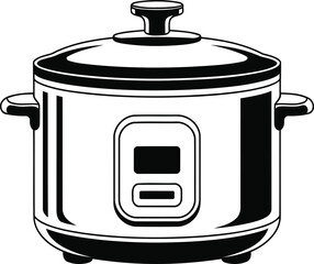 "Black and White Vector Illustration of a Modern Electric Rice Cooker with Side Handles and Control Panel"