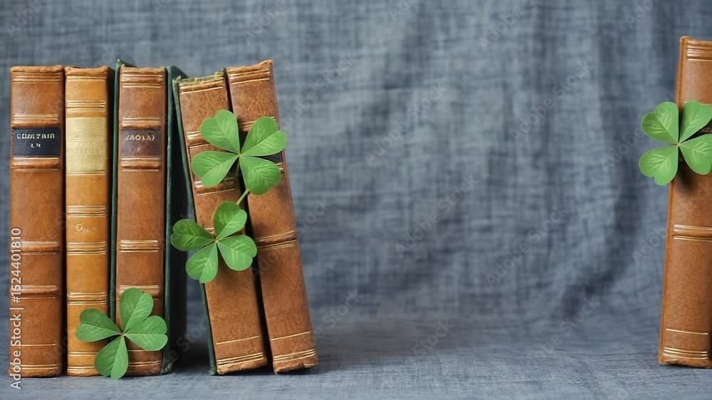 Poster collection of books with a green shamrock placed on top of them. the shamrock is positioned in the c