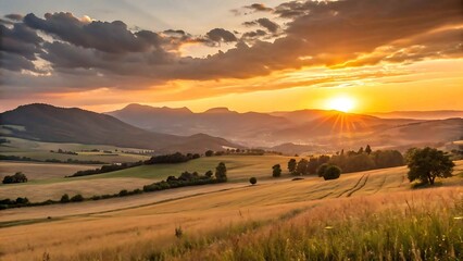 Golden sunset over rolling hills and farmland
