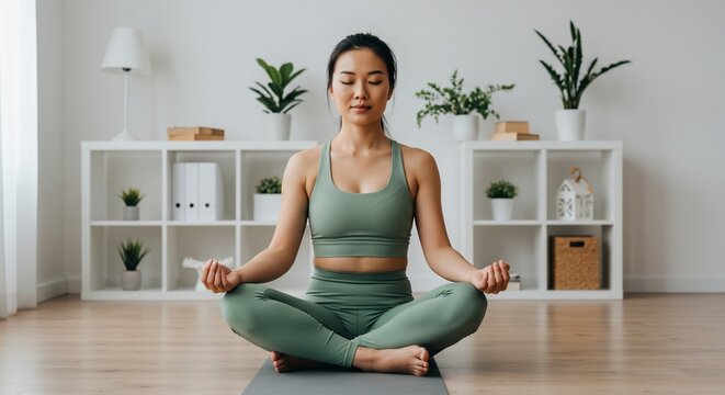 Asian woman meditating indoor; lotus pose; plants background for wellbeing app