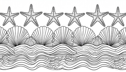 A repeating monochrome seascape border featuring stylized starfish atop a row of scallop shells, all resting on wavy ocean lines