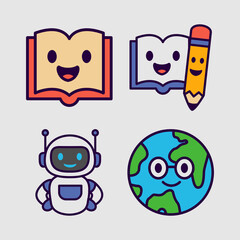 Cartoon Fun Education Mascot Icons. Fun Learning Characters, Book, Robot, Rocket, VR, Earth, Owl,Bag