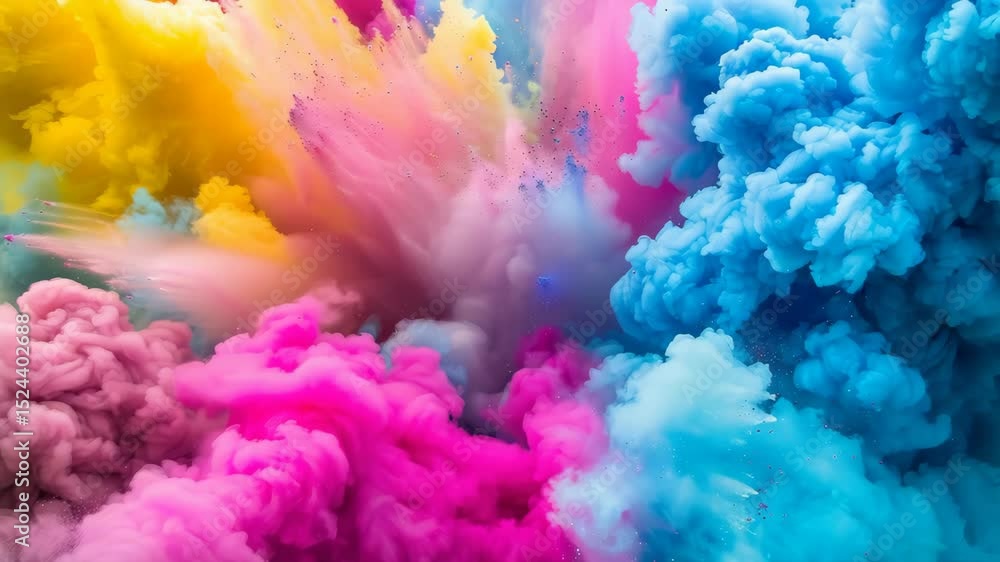 Poster Colorful explosion of smoke in vibrant hues creating an artistic display in a clear blue sky