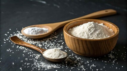 Wooden bowls and spoons of white flour and baking powder