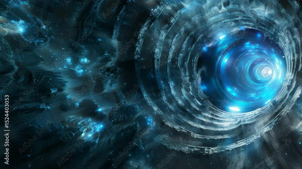 Poster Journey through a cosmic vortex with swirling blue light creating a mystical atmosphere in a deep space setting