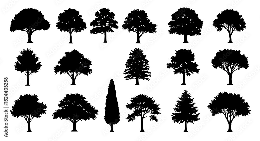 Poster exploring the diverse world of tree silhouettes a collection of unique tree outlines for artistic in