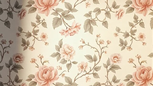 Floral pattern with peach roses and gray leaves on a beige background in a vintage style design background texture video