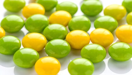 Green and yellow fruit-flavored candies with glossy coating