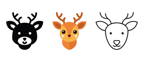 Fototapeta premium Reindeer head icons in different styles black silhouette and color vector illustration