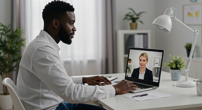 Man in a home office having a video conference call with a colleague