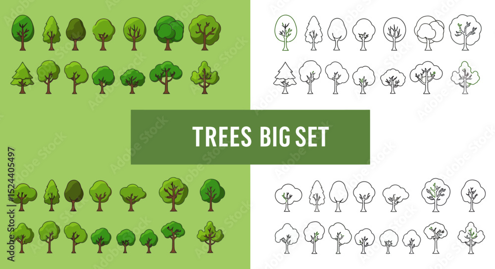 Poster a comprehensive compilation of various tree illustrations depicting different styles and forms of wo