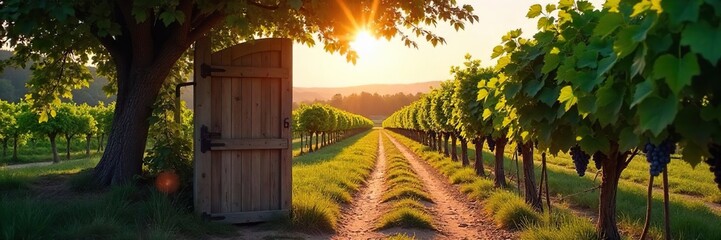 Naklejka premium A rustic wooden gate leading away from a sun-drenched vineyard, vines heavy with ripe grapes, promises a tranquil escape beyond The path winds invitingly towards a distant horizon , rural, farming