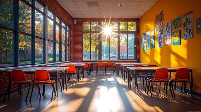Empty classroom filled with sunlight