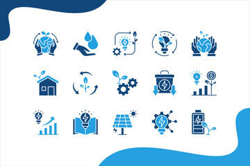 Obraz premium Energy Saving icon set with conservation, reduce waste, consumption, management, efficiency, gas emission and green house.