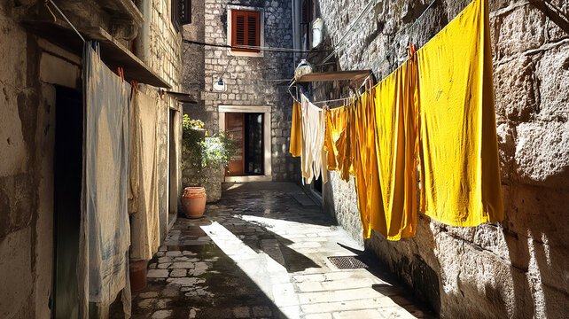 Sunlit Alleyway with Yellow Laundry Hanging in a Stone Building