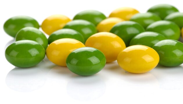 Green and yellow fruit-flavored candies with glossy coating (alternative view)