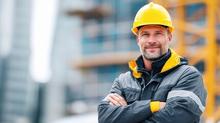 Construction Worker in Yellow Hard Hat with Safety Gear at Job Site