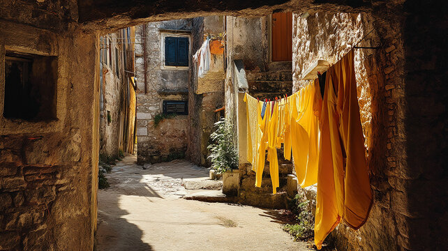 Sunlit Alleyway with Yellow Laundry Hanging in a Stone Building