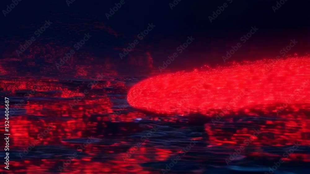 Poster pulsating red energy wave over futuristic metallic surface in dark environment