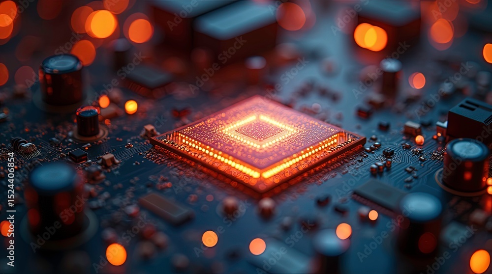 Aufkleber a close-up image of a circuit board with vibrant orange lights, showcasing intricate electronic comp