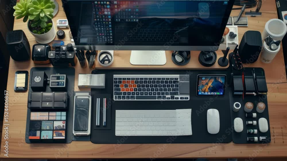 Poster high productivity workspace with modern technology and organized desk layout in a stylish home offic
