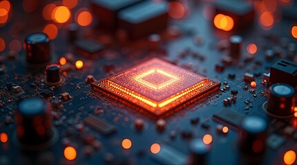 A close-up image of a circuit board with vibrant orange lights, showcasing intricate electronic components and connections, Advance processing unit