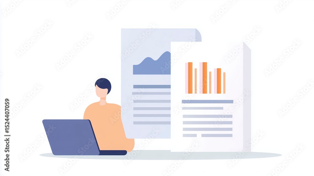 Poster illustration of a person working on a laptop surrounded by documents with graphs and charts, represe
