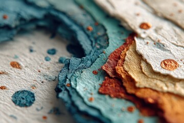 Obraz premium Close-up view of textured handmade paper with vibrant colors and metallic accents, showcasing intricate layers and artistic details, ideal for creative projects and design inspiration