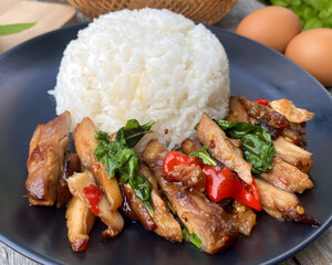 Grilled Chicken with Thai Basil and Rice &ndash; Spicy Asian Stir-Fry Dish on Black Plate