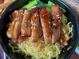 Grilled Chicken Noodle Bowl with Sesame and Soup &ndash; Asian Street Food Style