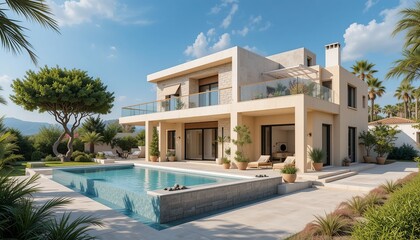 Fototapeta premium Exterior of a modern Mediterranean villa with a swimming pool in a lush garden, under a clear sky, showcasing luxury living and architectural design.