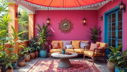 Obraz premium Vibrant outdoor patio with colorful walls, furniture, and lush plants, creating a cheerful and inviting space for relaxation and entertaining.