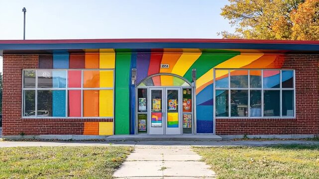 Colorful building with rainbow colors on the side. The building is a school