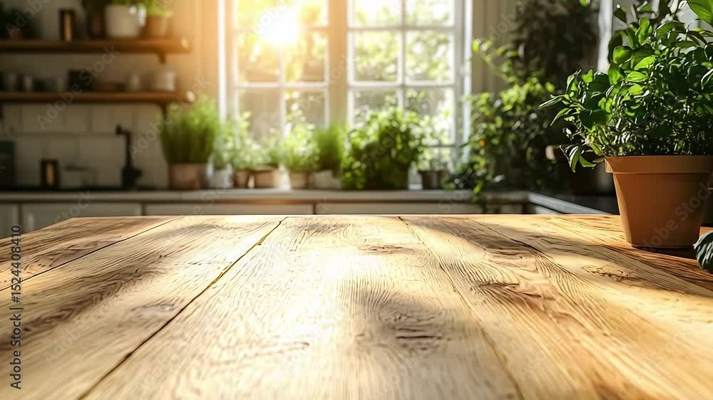 Poster wooden table with a window in the background and potted plants on it. the table is empty and the sun