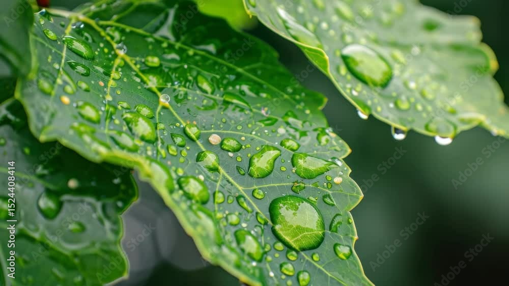Poster refreshing droplets of water on vibrant green leaves in a lush forest setting capturing the essence 