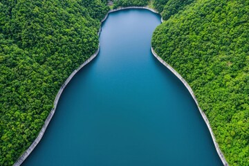 hydroelectric power plant with renewable energy and energy storage. Aerial view of pumped-storage hydroelectric station showing upper and lower reservoirs