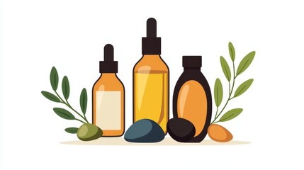 A collection of essential oil bottles surrounded by leaves, offering a calming and aesthetic natural appeal.