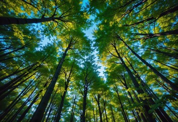 Obraz premium Lush green forest canopy viewed from below on a sunny day in mid-spring