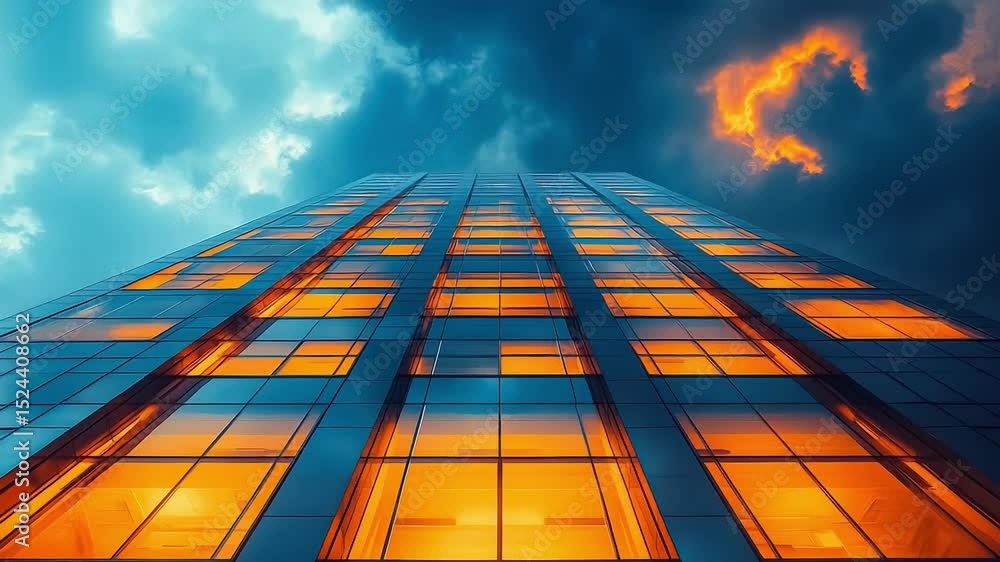 Poster tall building with many windows and a cloudy sky in the background. the windows are lit up with oran