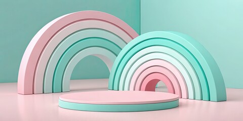 Pastel rainbow product display stand mockup background for cosmetic and showcase presentation 3d render